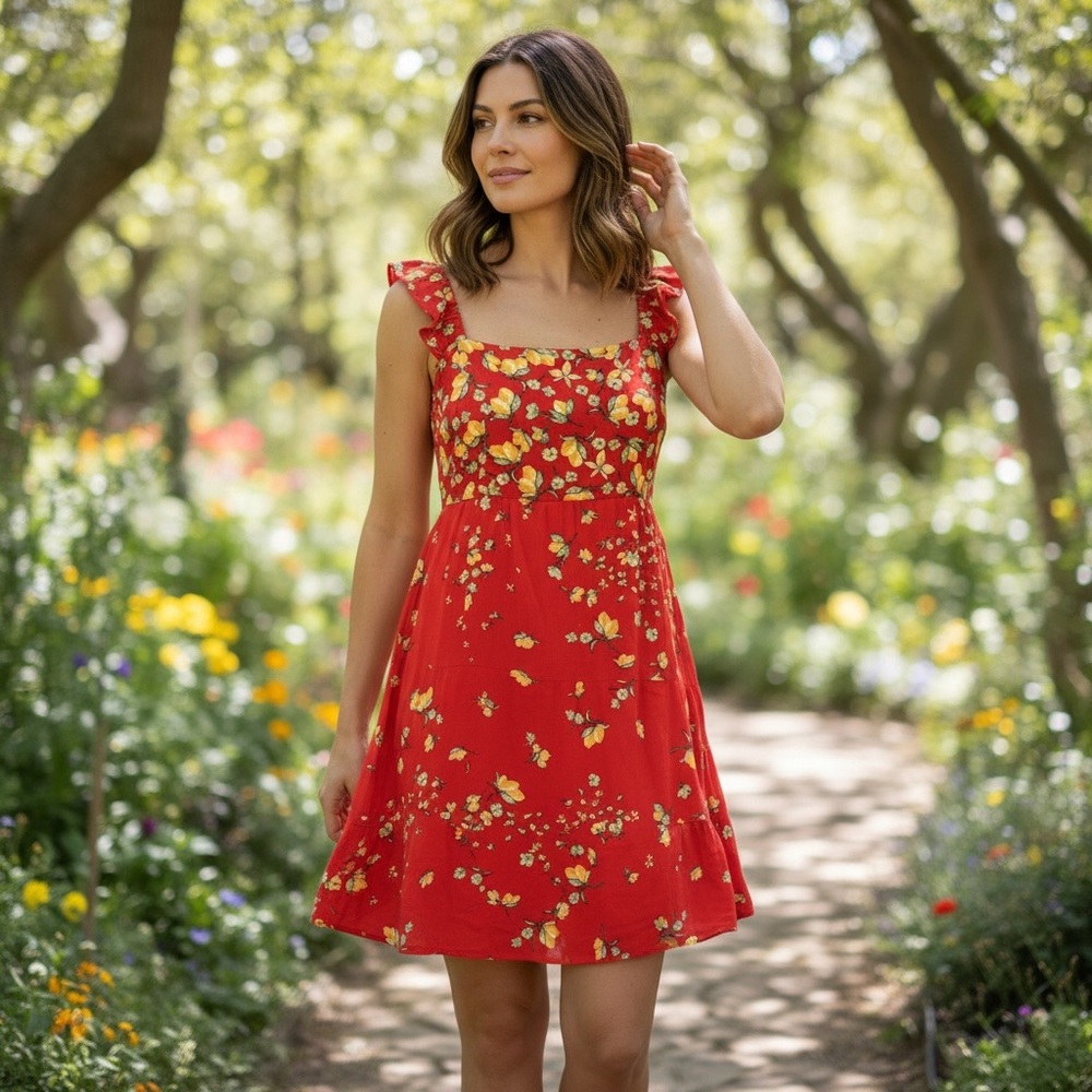 Sz M Lauren Conrad Floral Red Lemon Printed Summer Dress